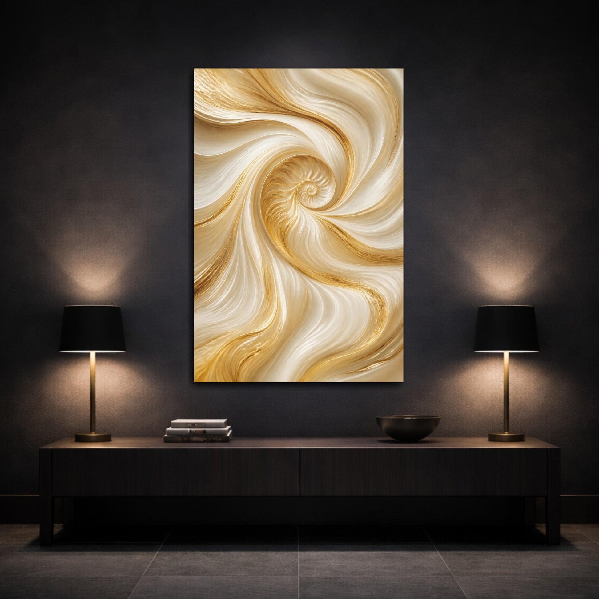 Mockup 3. Hidden Shell Gold Spiral shown as canvas print