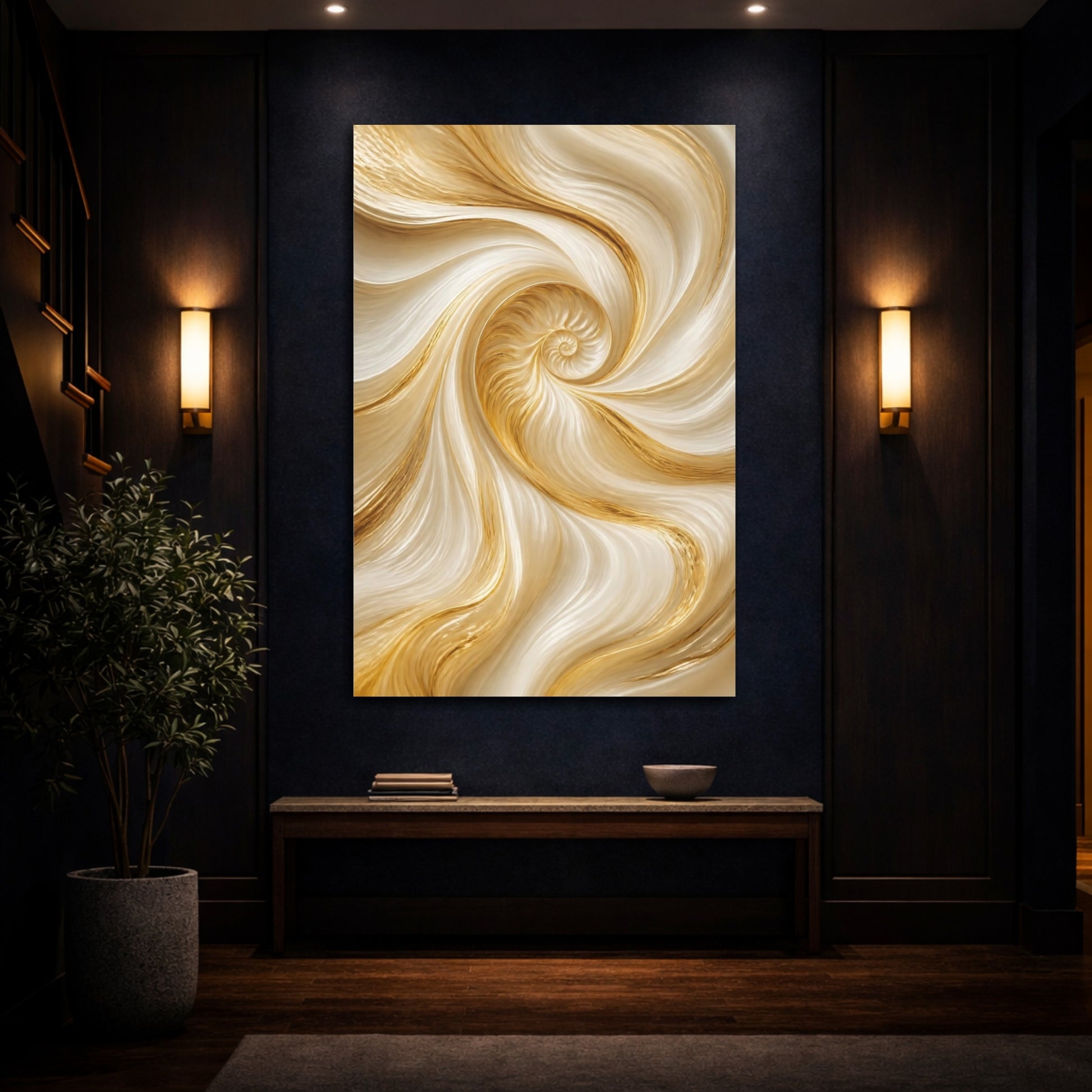Mockup 4. Hidden Shell Gold Spiral shown as canvas print