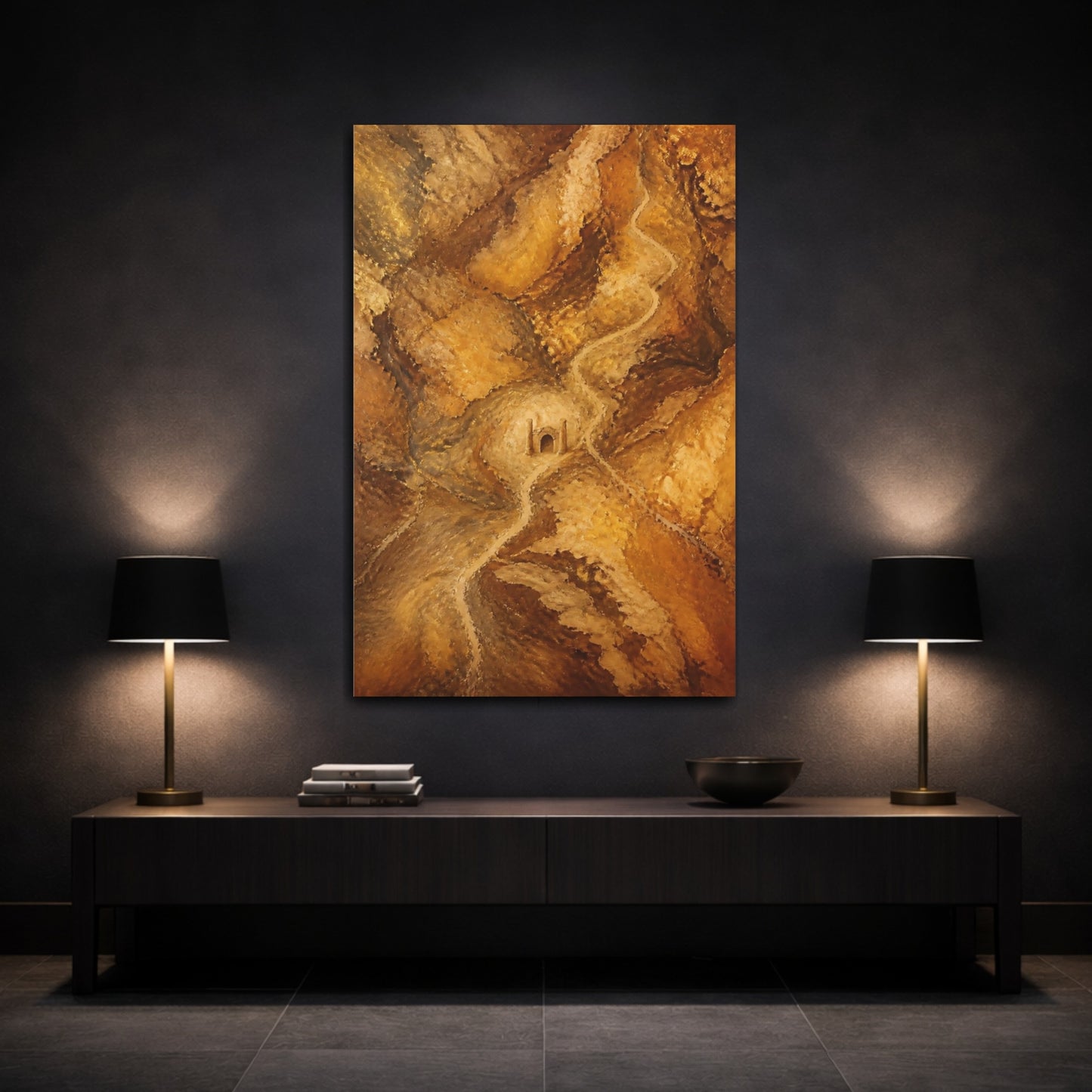 Mockup 3. Hidden Stone Gate Abstract shown as canvas print