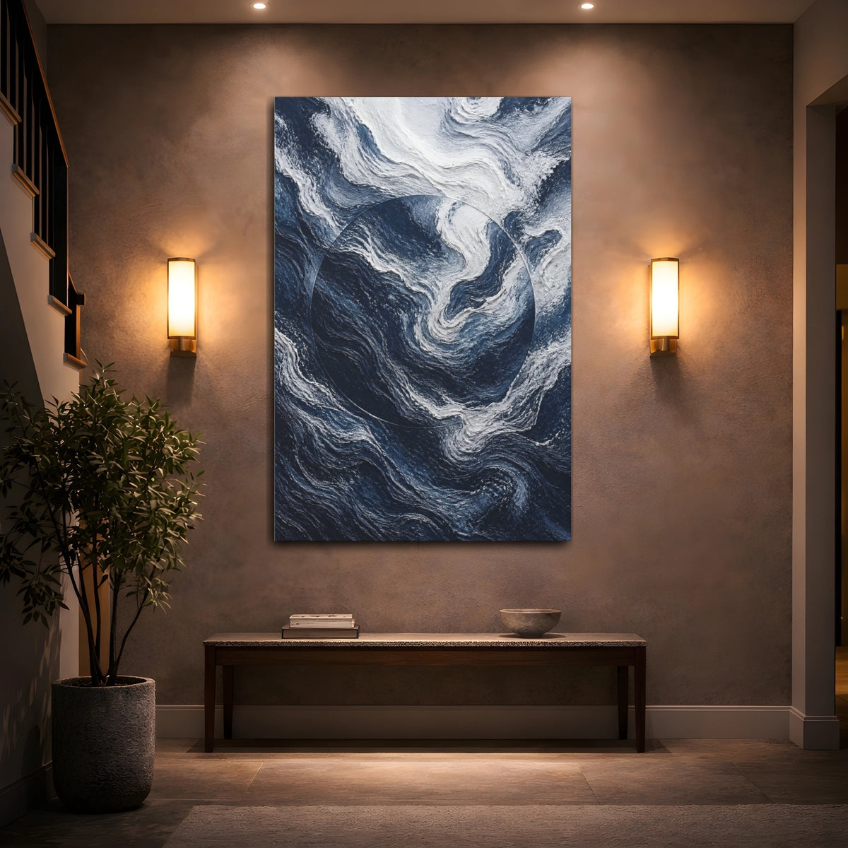 Mockup 2. Hidden Wave Circle shown as canvas print