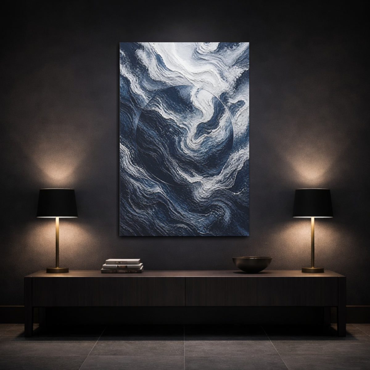 Mockup 3. Hidden Wave Circle shown as canvas print
