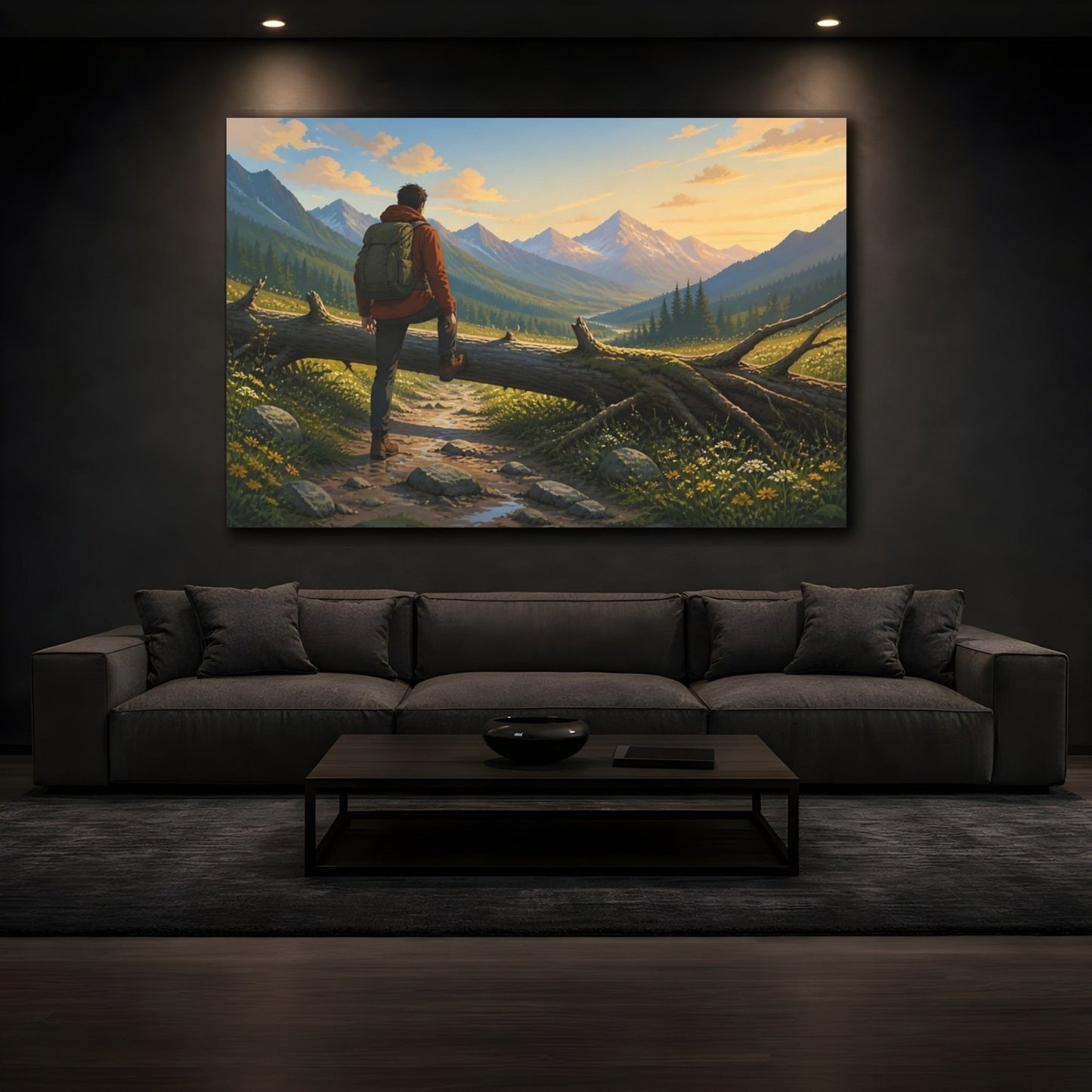 Hiker At Sunset Canvas Print – Living Room, Above Couch, Warm Golden - YesArtYes