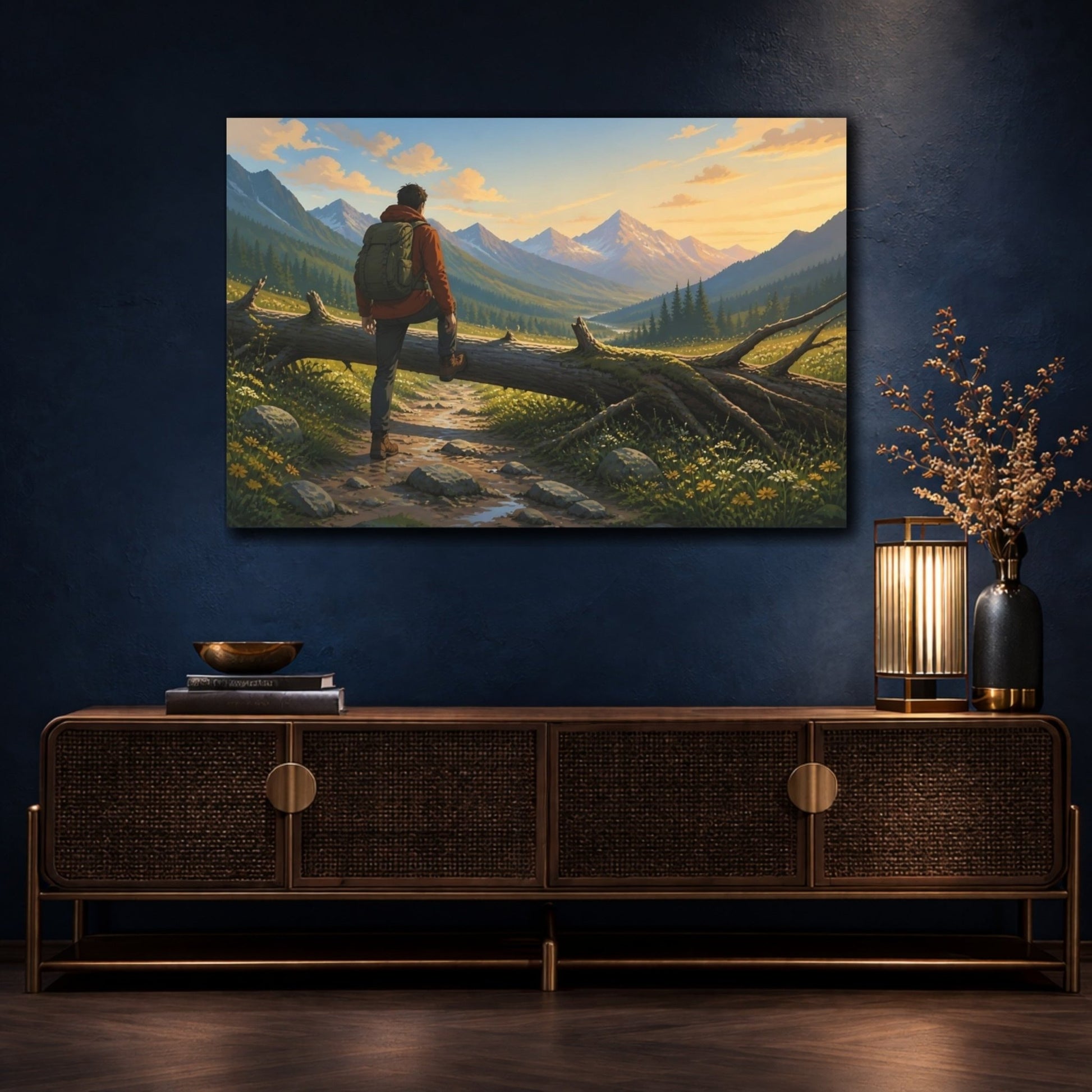 Hiker At Sunset Canvas Print – Living Room, Above Couch, Warm Golden - YesArtYes