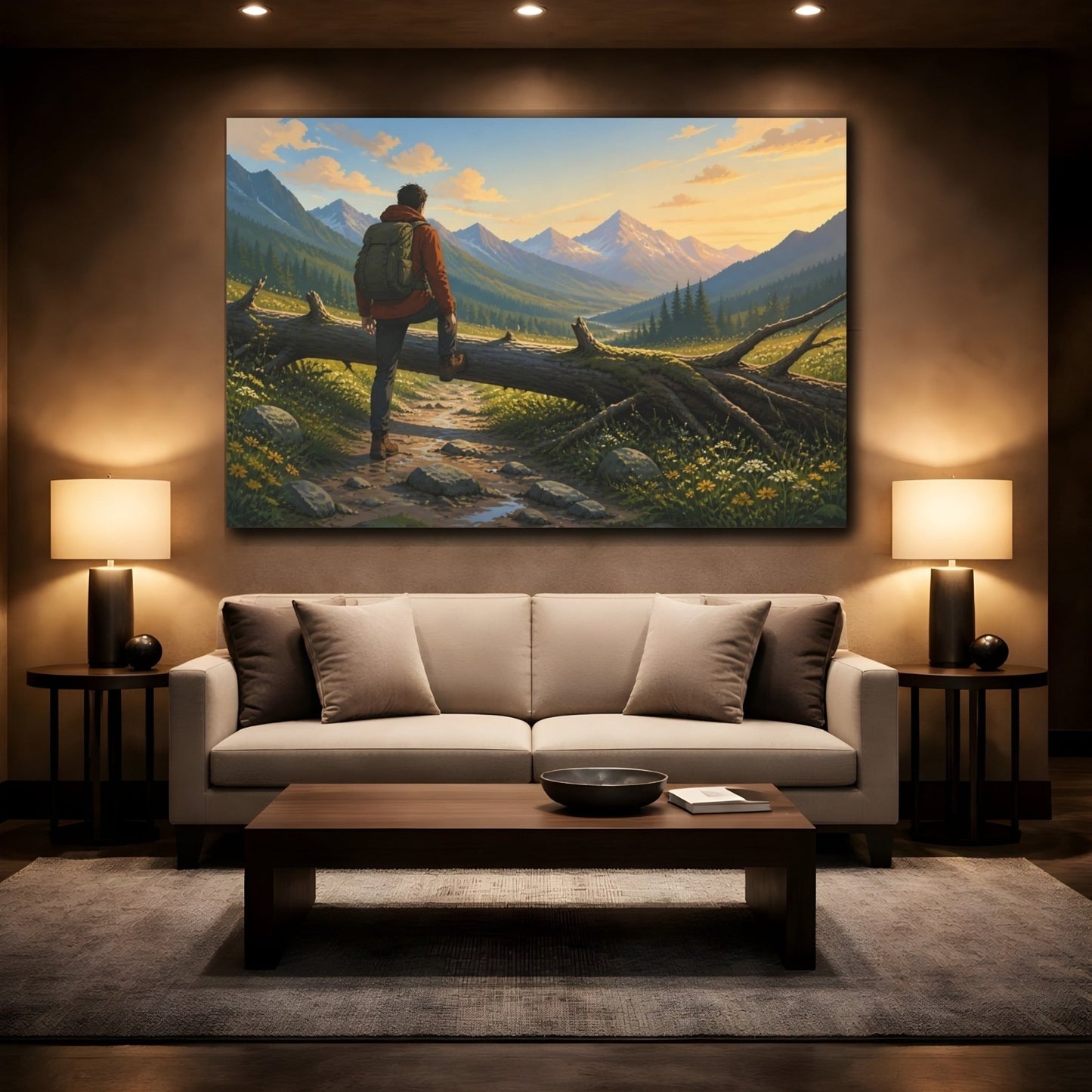 Hiker At Sunset Canvas Print – Living Room, Above Couch, Warm Golden - YesArtYes