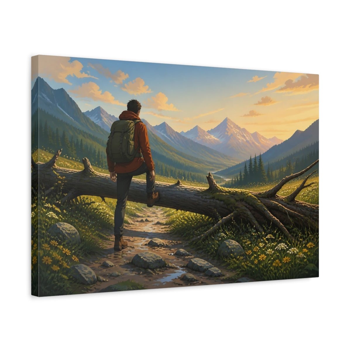 Hiker At Sunset Canvas Print – Living Room, Above Couch, Warm Golden - YesArtYes