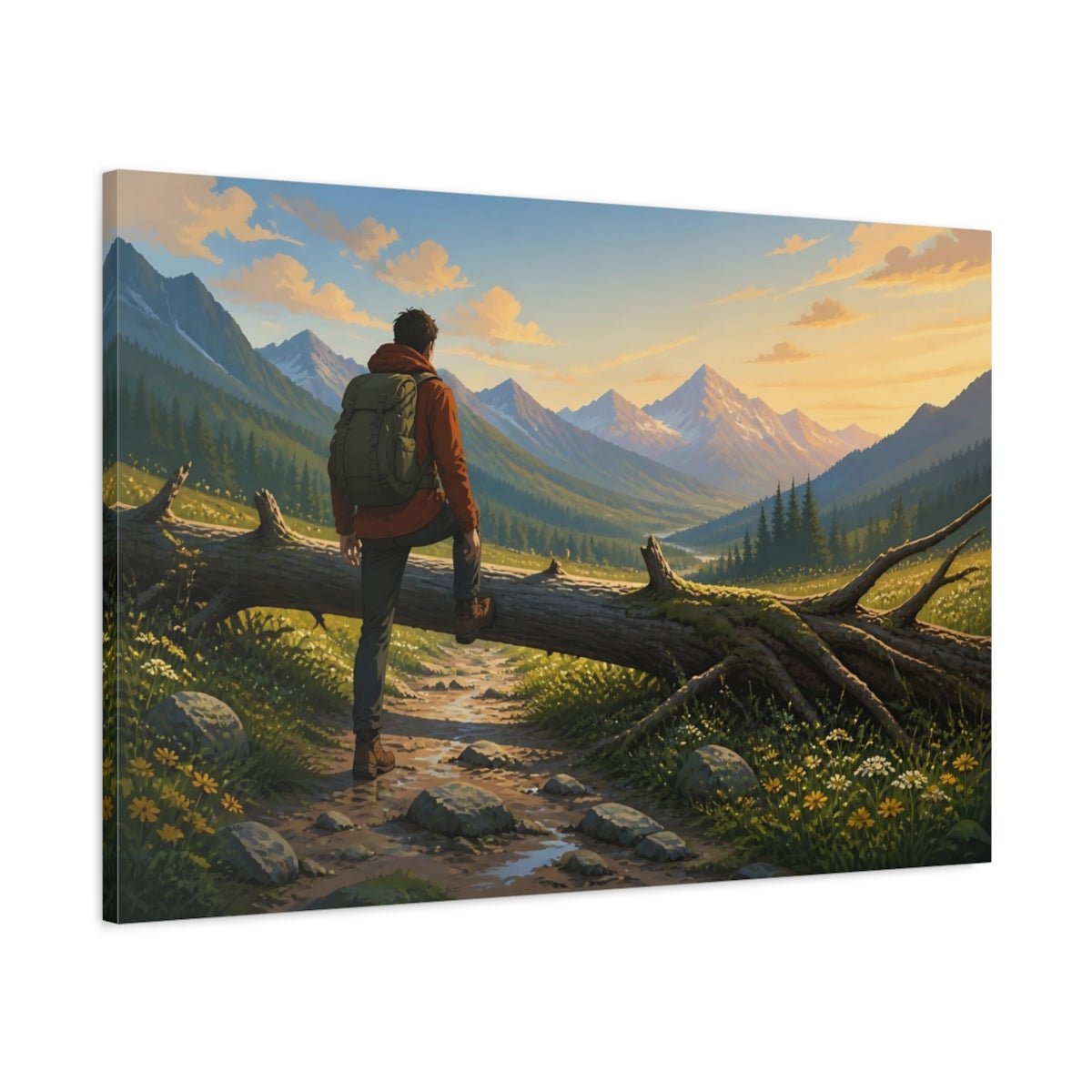 Hiker At Sunset Canvas Print – Living Room, Above Couch, Warm Golden - YesArtYes
