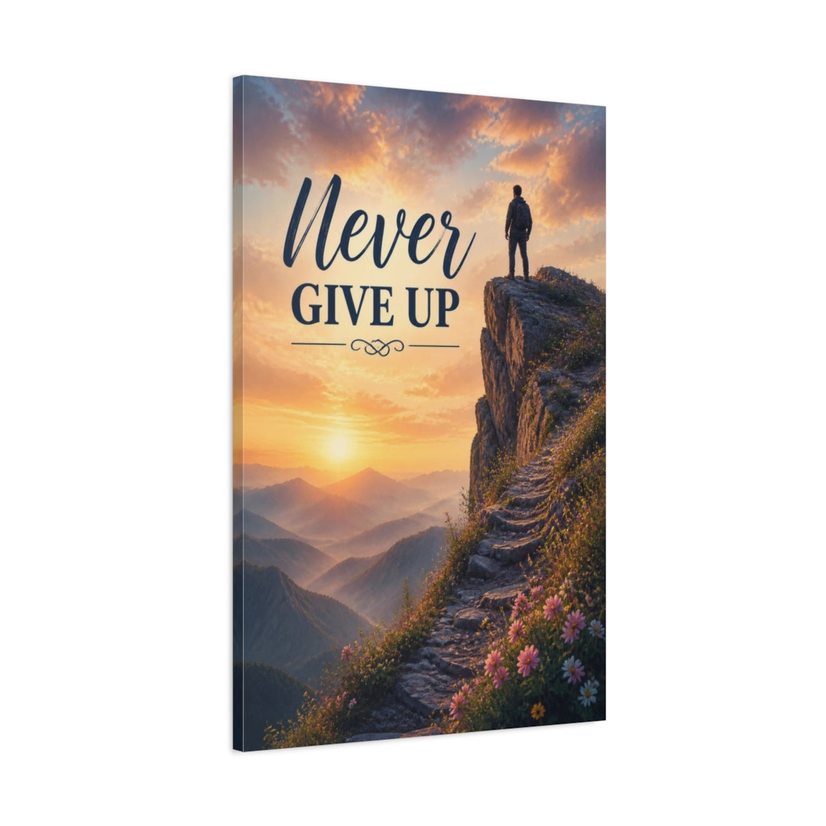 Main Mockup. Hiker Never Give Up Quote shown as canvas print