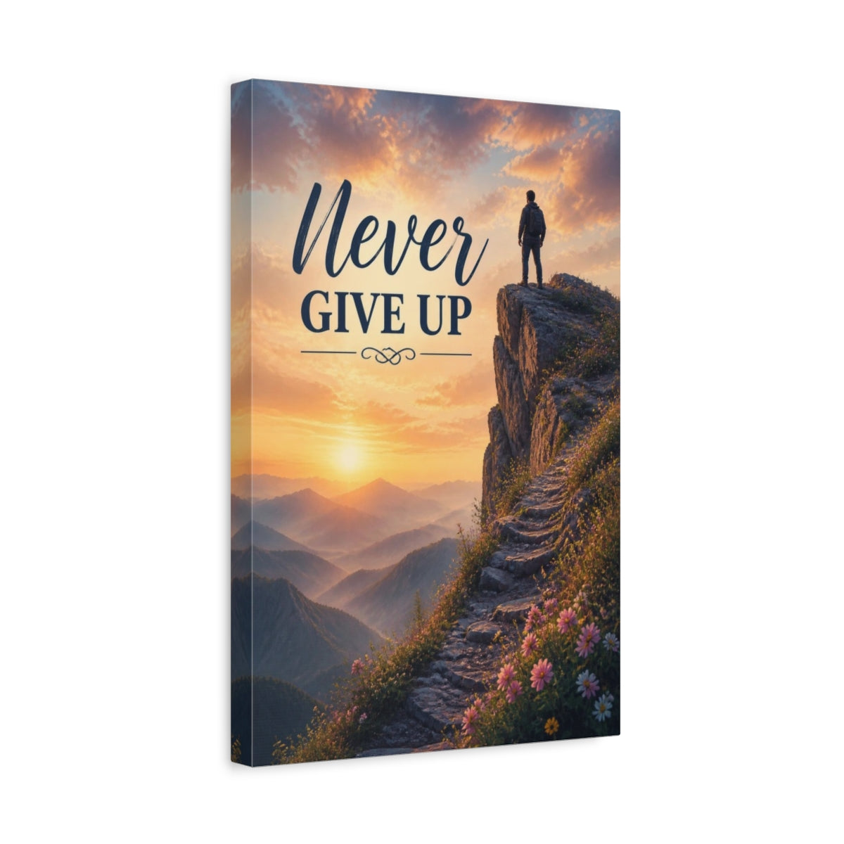 Side Mockup 4. Hiker Never Give Up Quote shown as canvas print