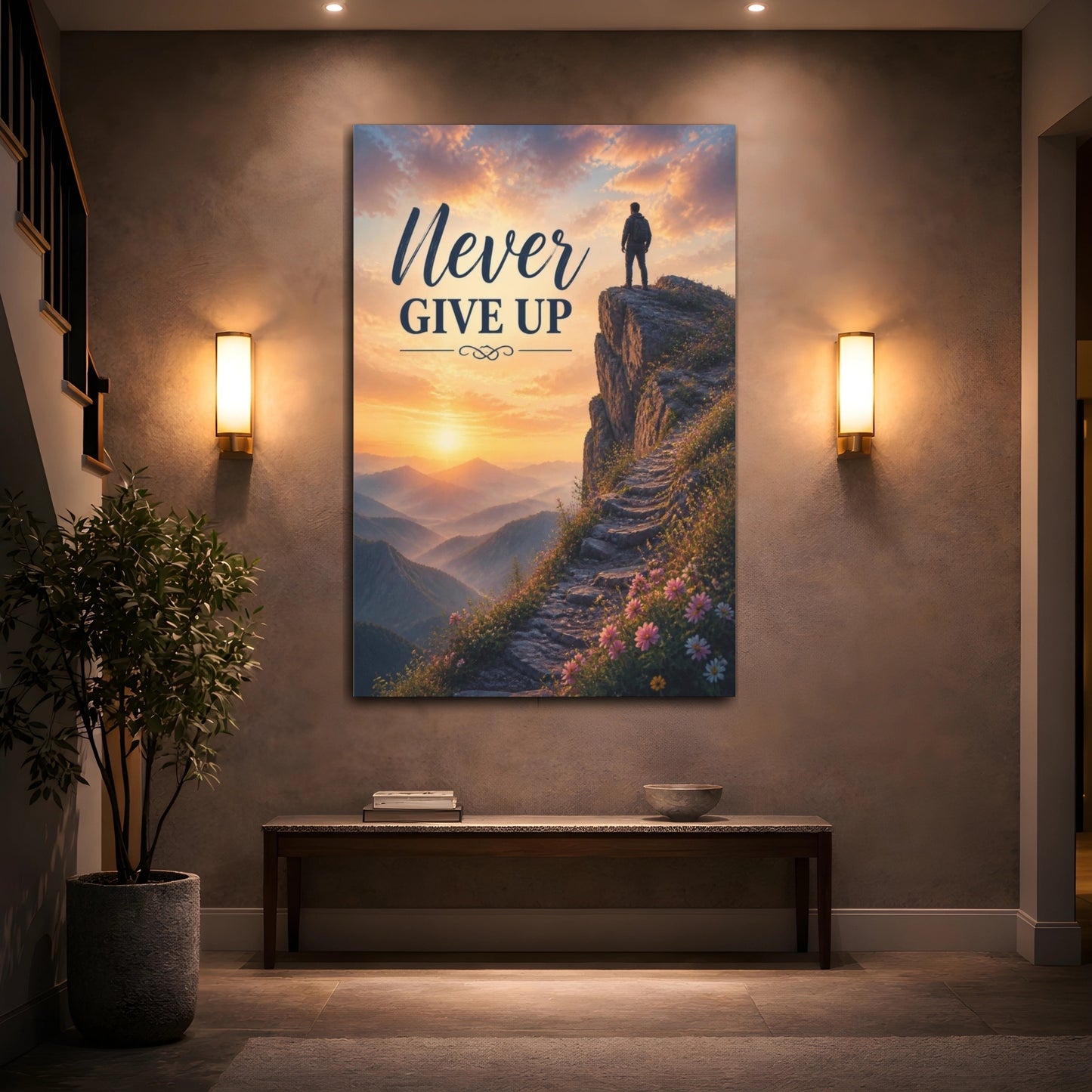 Mockup 2. Hiker Never Give Up Quote shown as canvas print