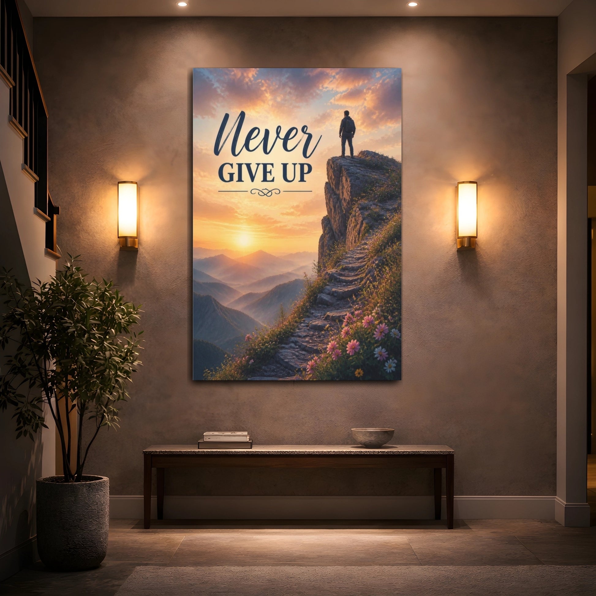 Mockup 2. Hiker Never Give Up Quote shown as canvas print