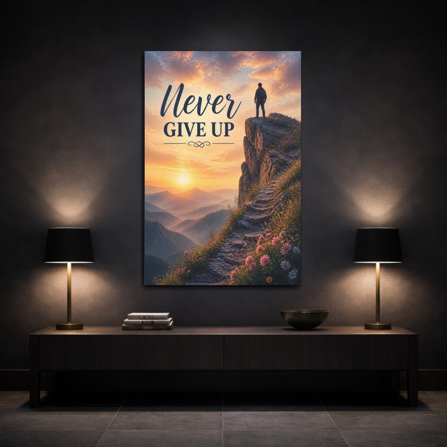 Mockup 3. Hiker Never Give Up Quote shown as canvas print