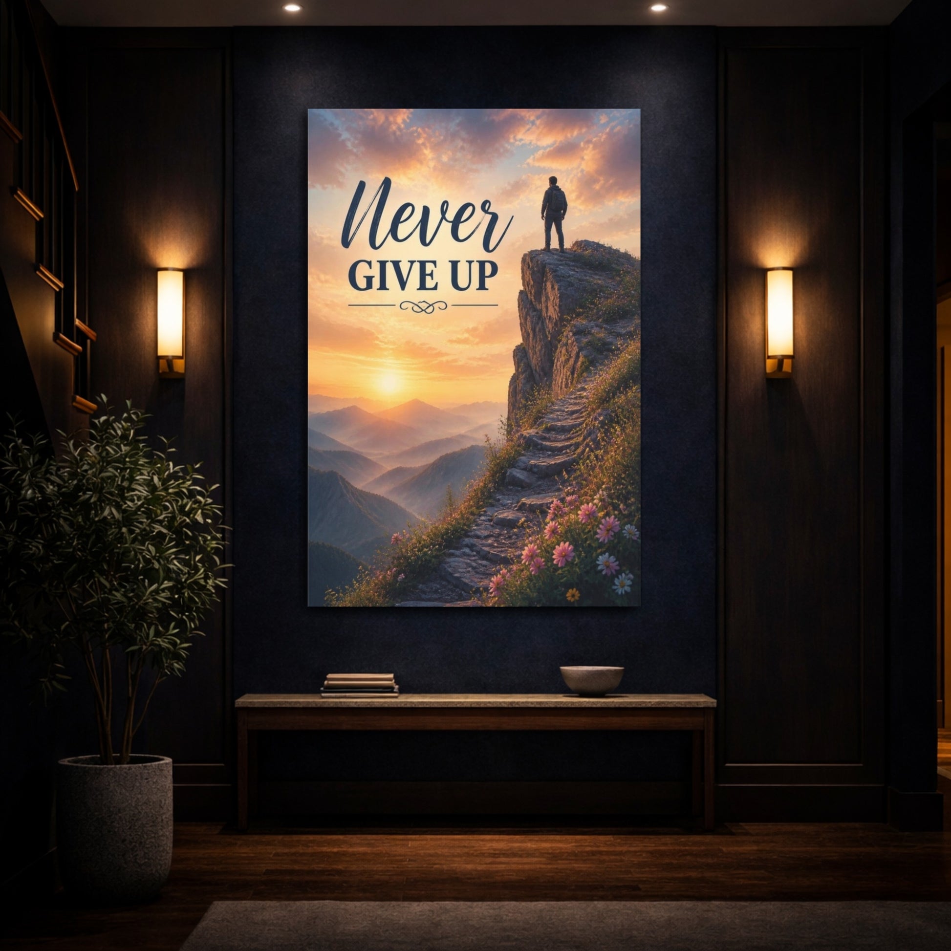 Mockup 4. Hiker Never Give Up Quote shown as canvas print