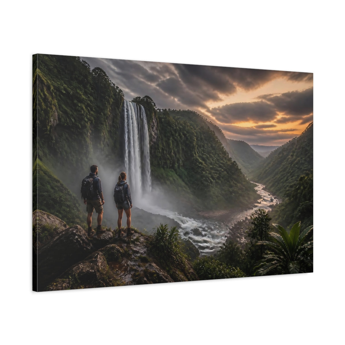 Main Mockup. Hikers At Jungle Waterfall shown as canvas print