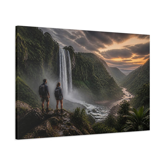 Main Mockup. Hikers At Jungle Waterfall shown as canvas print