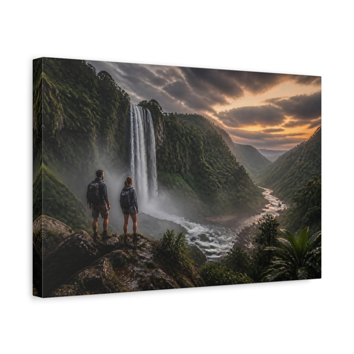 Side Mockup 4. Hikers At Jungle Waterfall shown as canvas print