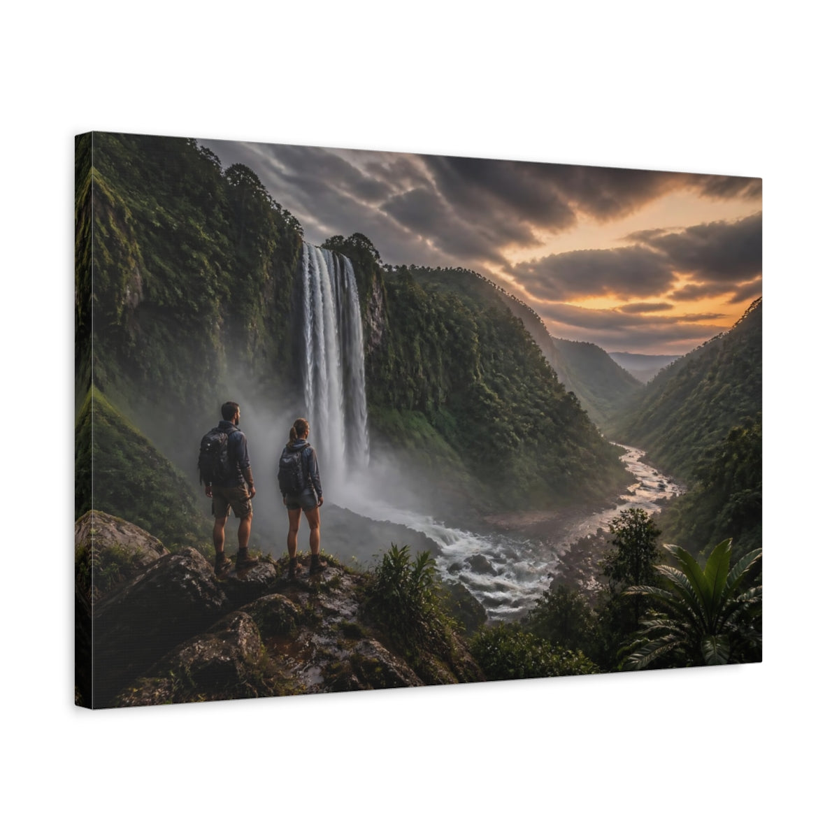 Side Mockup 3. Hikers At Jungle Waterfall shown as canvas print