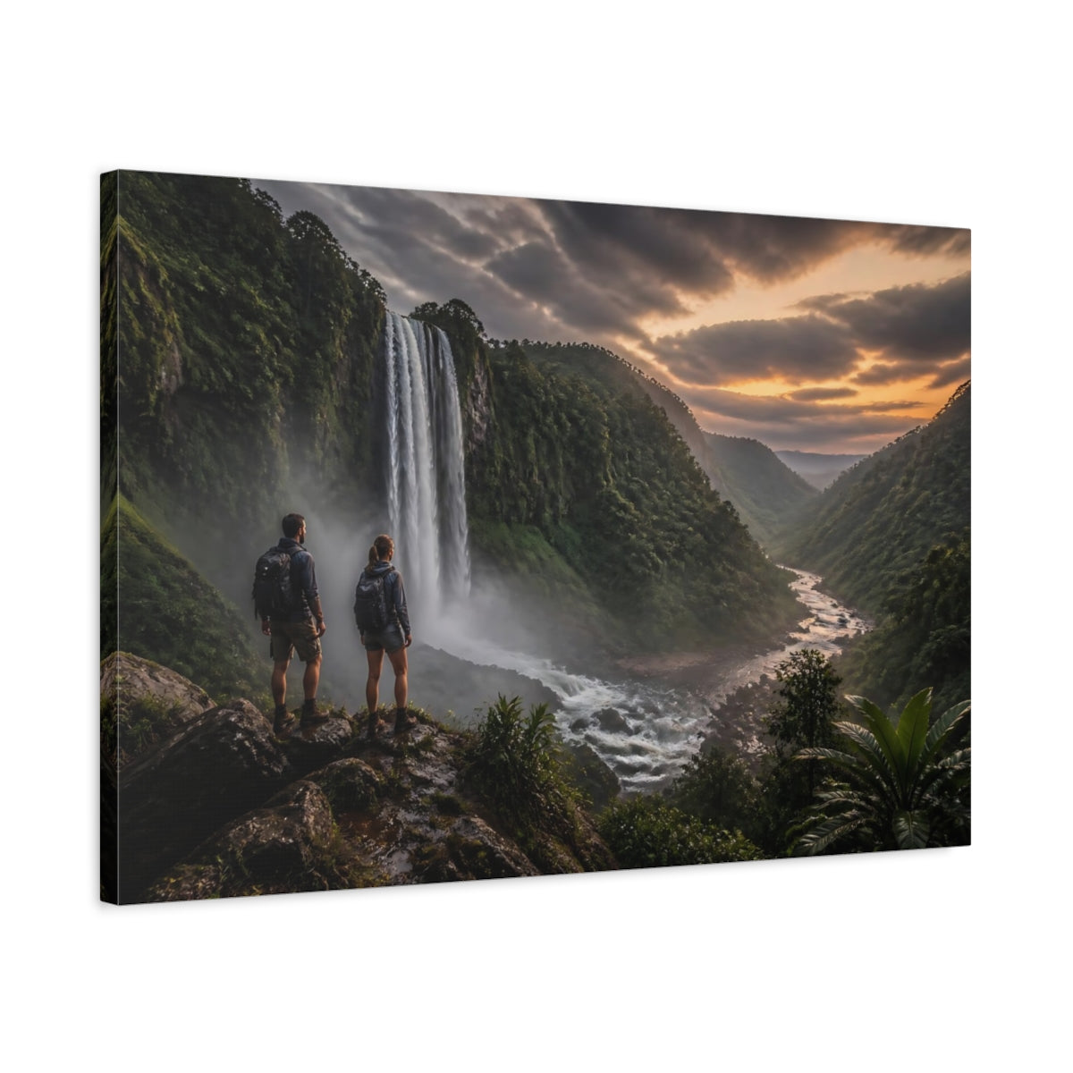 Side Mockup 2. Hikers At Jungle Waterfall shown as canvas print