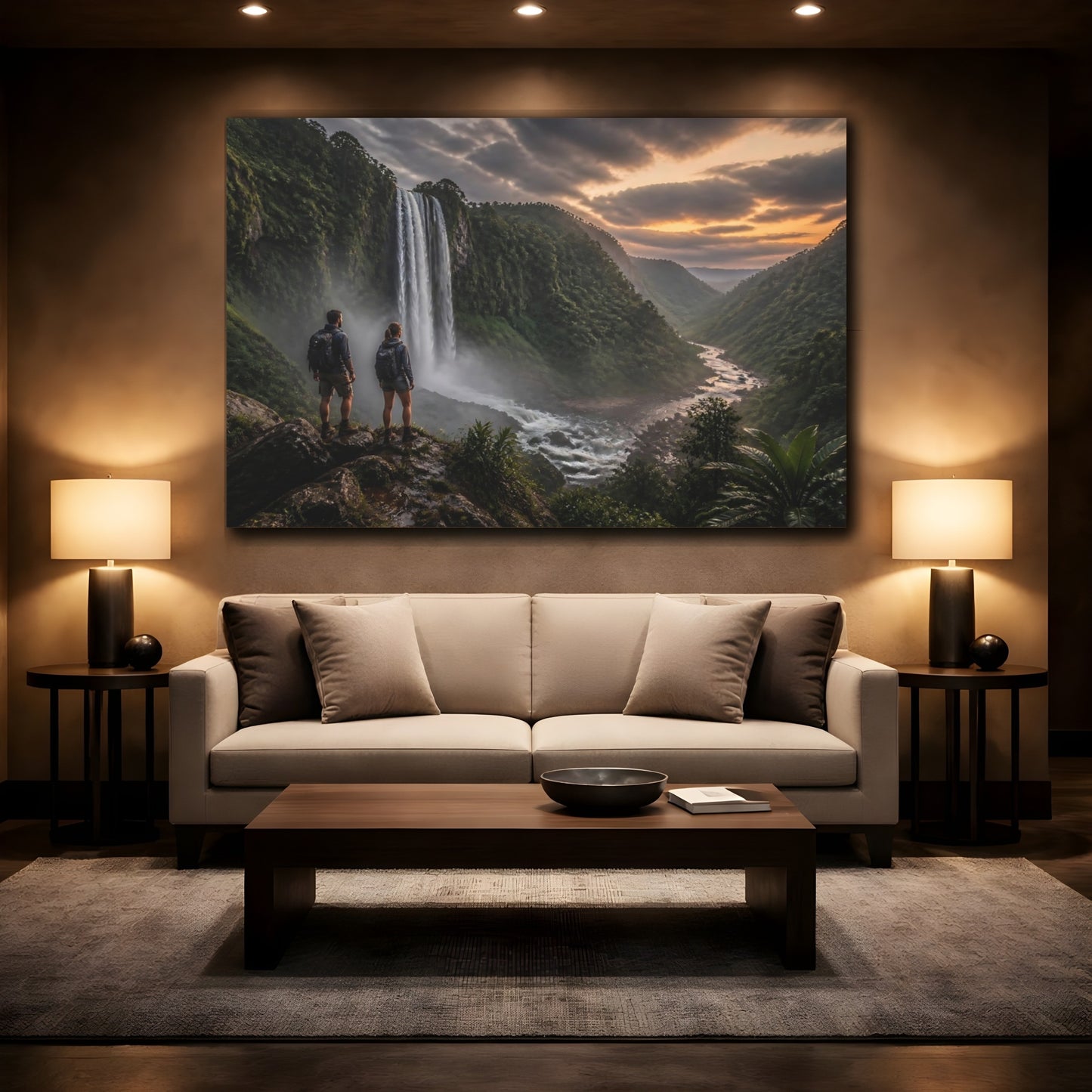 Mockup 2. Hikers At Jungle Waterfall shown as canvas print