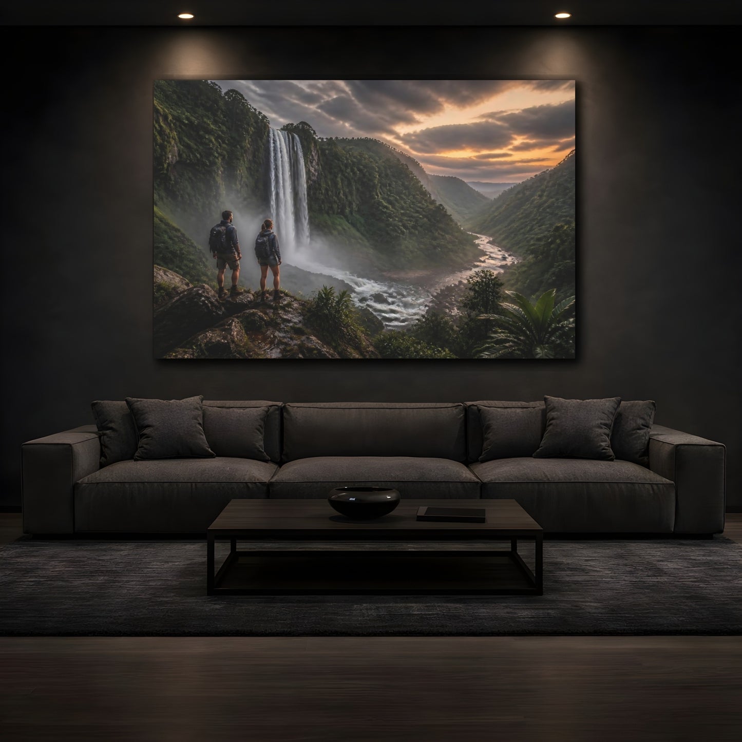 Mockup 3. Hikers At Jungle Waterfall shown as canvas print