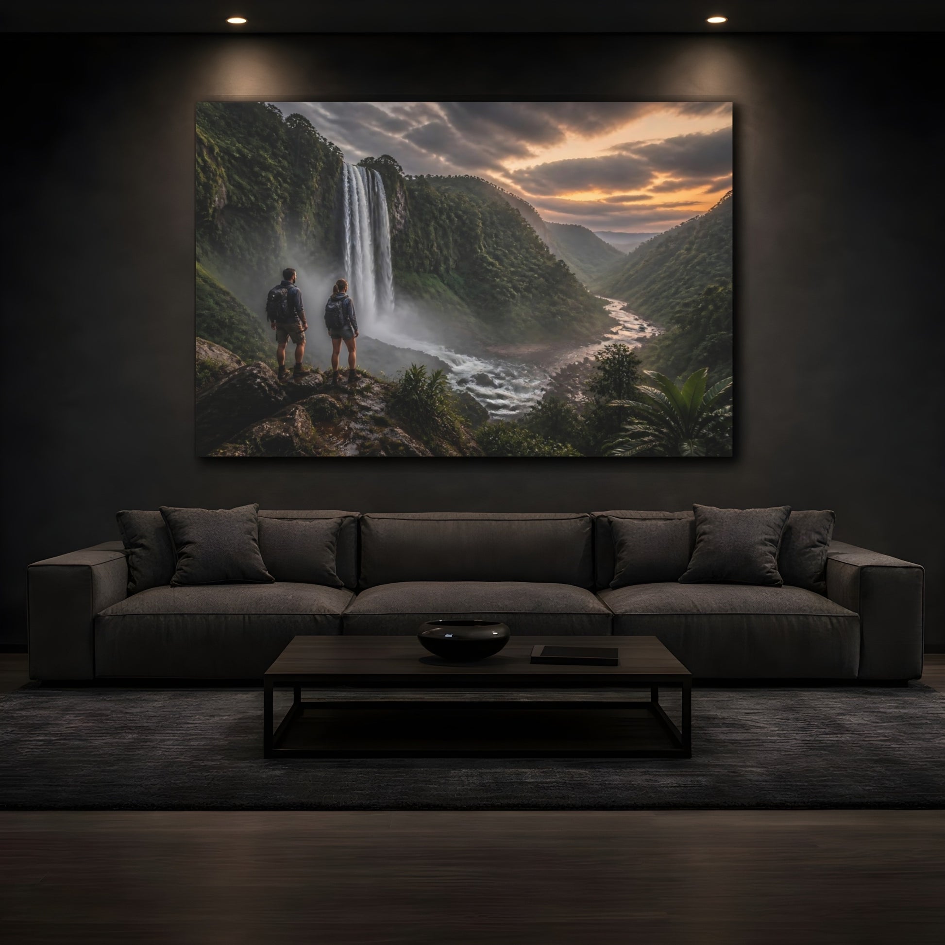 Mockup 3. Hikers At Jungle Waterfall shown as canvas print