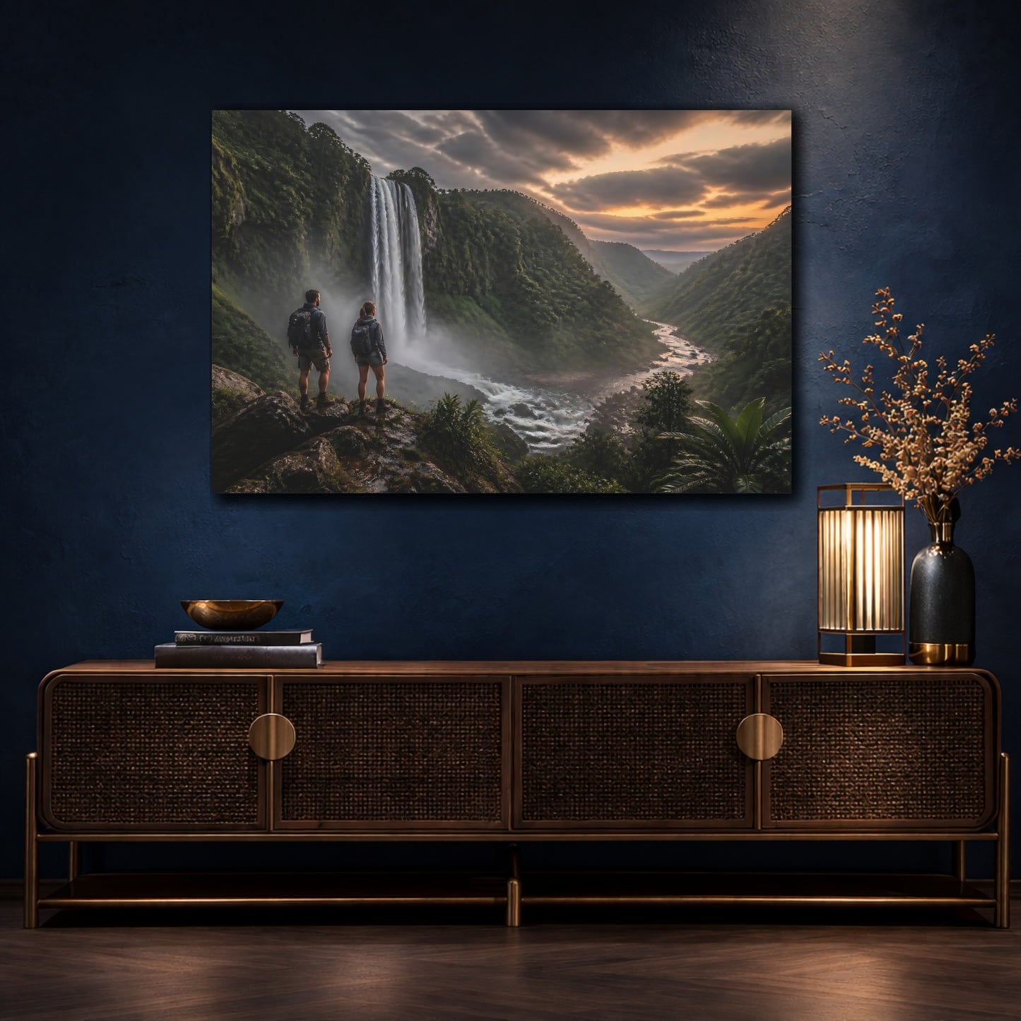Mockup 4. Hikers At Jungle Waterfall shown as canvas print