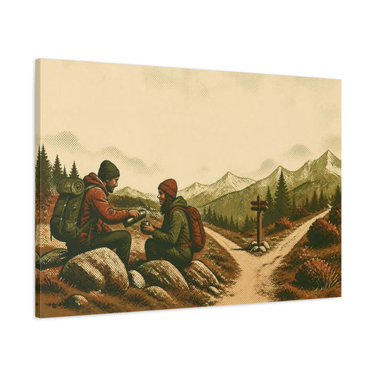 Main Mockup. Hikers On Mountain Trail shown as canvas print