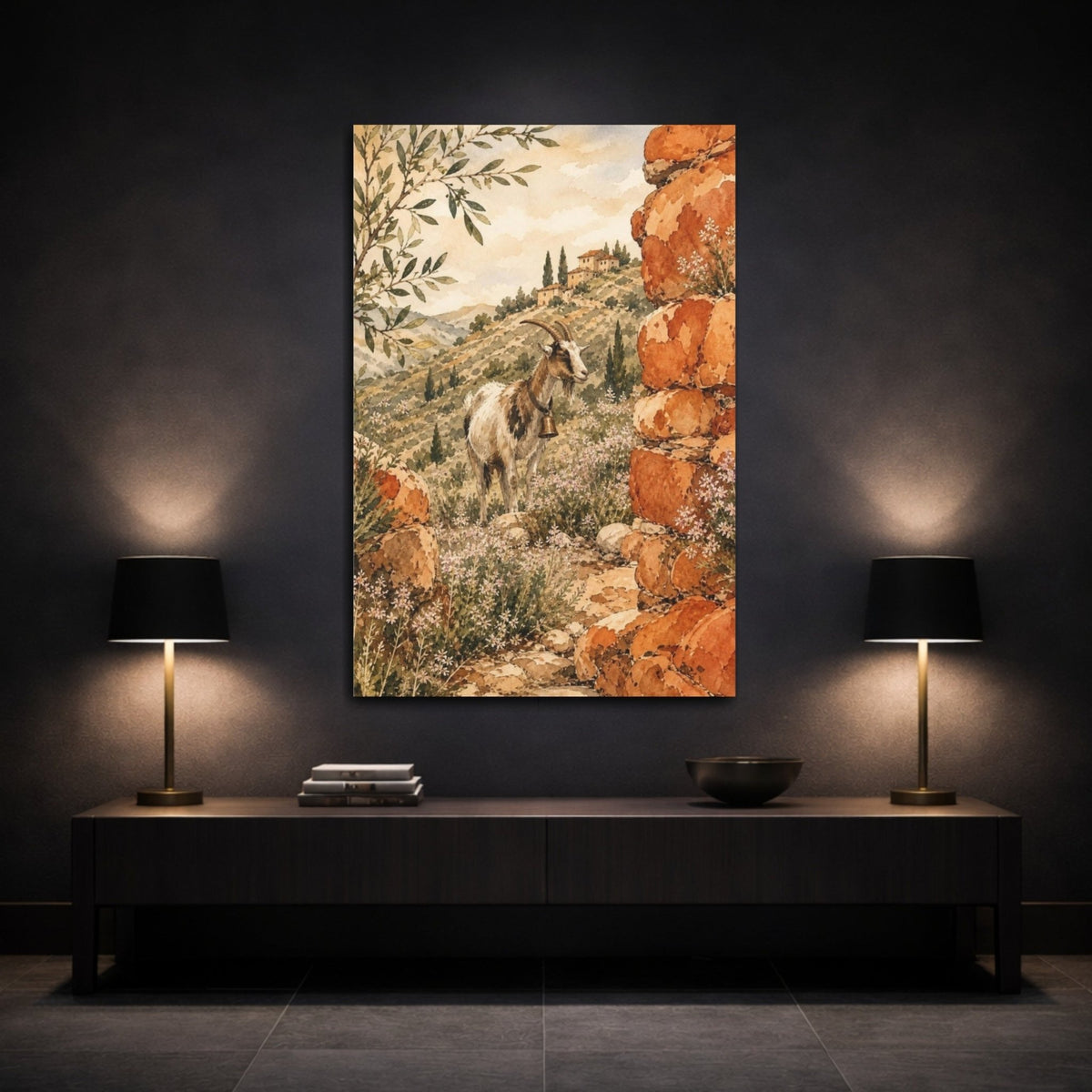 Hillside Goat With Bell Canvas Print – Kitchen, Breakfast Nook, Terracotta & Cream - YesArtYes