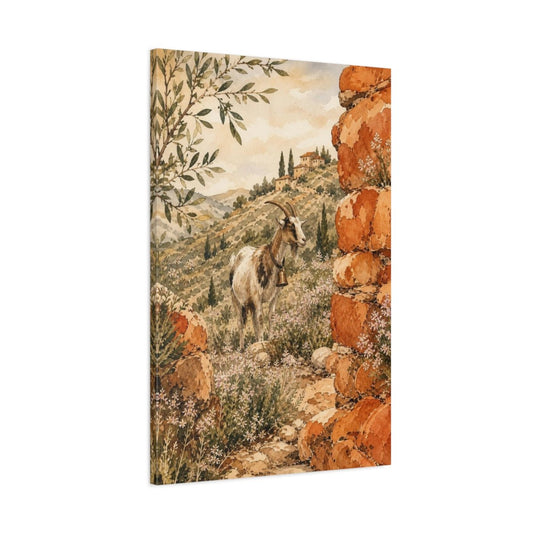 Hillside Goat With Bell Canvas Print – Kitchen, Breakfast Nook, Terracotta & Cream - YesArtYes