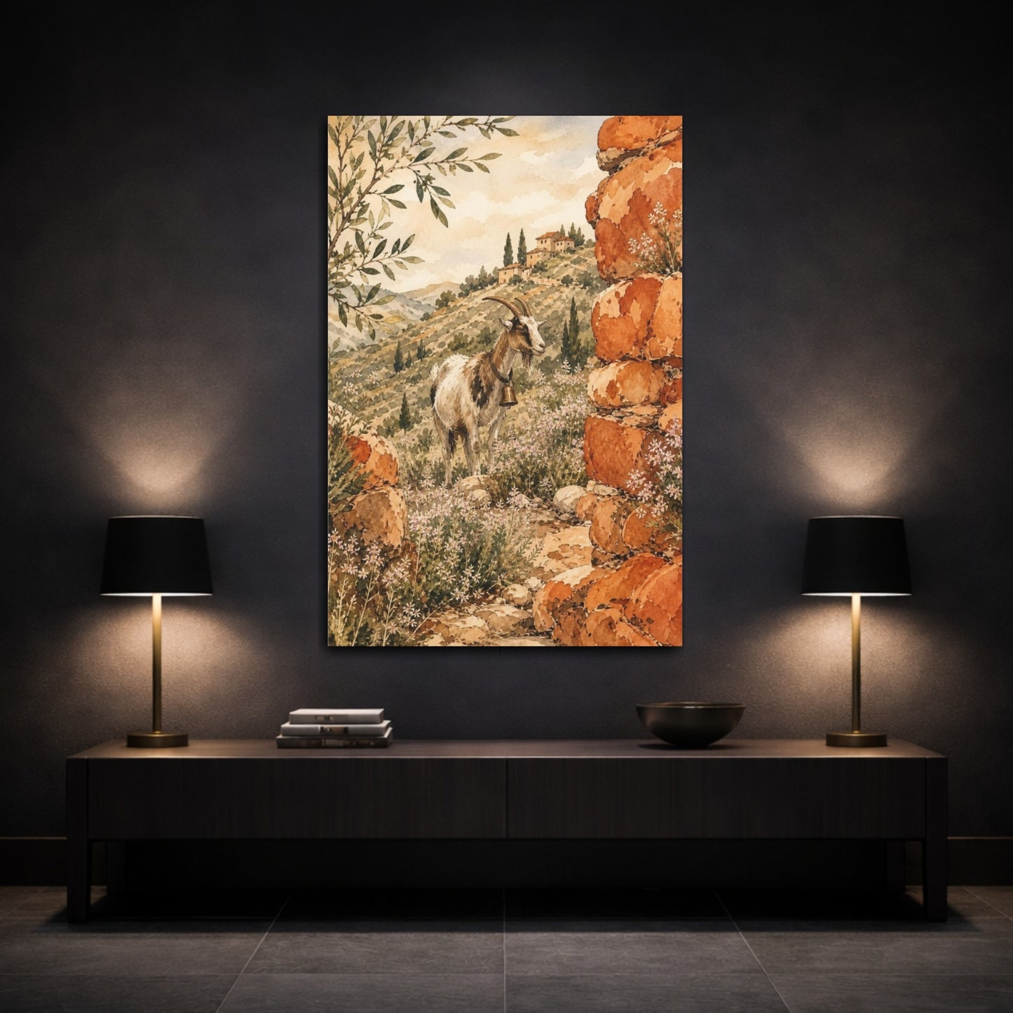 Mockup 3. Hillside Goat With Bell shown as canvas print