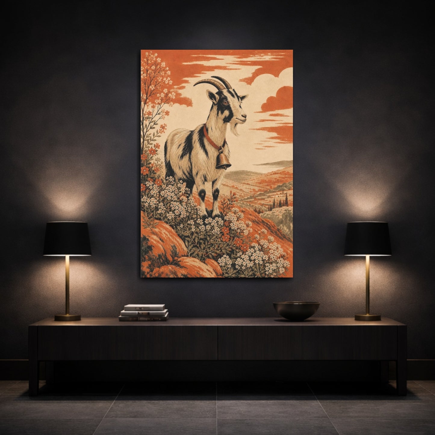 Mockup 3. Hillside Goat With Bell shown as canvas print
