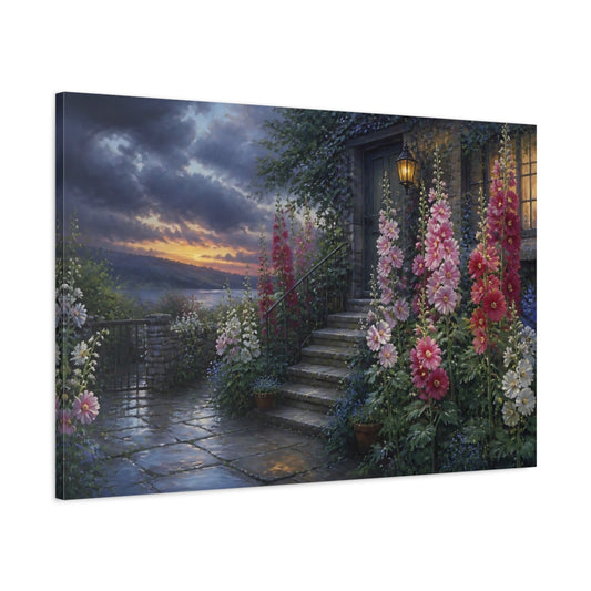 Main Mockup. Hollyhocks By Cottage Steps shown as canvas print