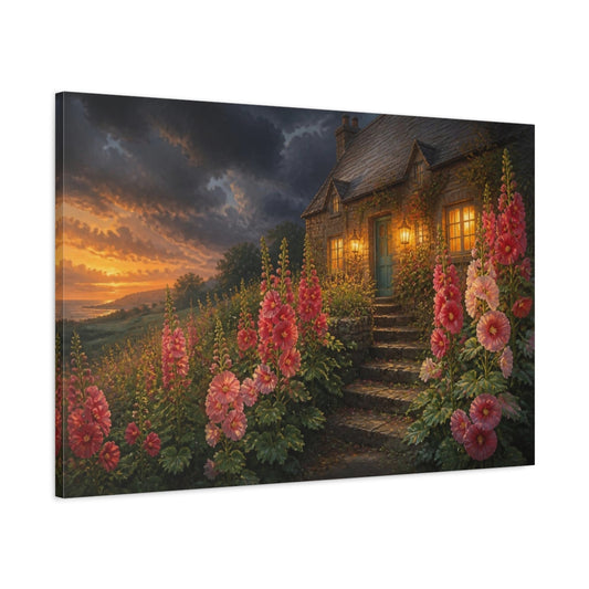 Main Mockup. Hollyhocks By Cottage Steps shown as canvas print