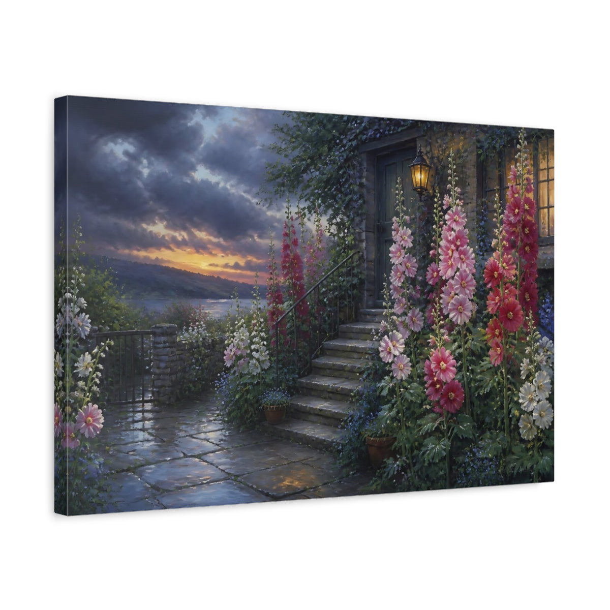 Side Mockup 3. Hollyhocks By Cottage Steps shown as canvas print