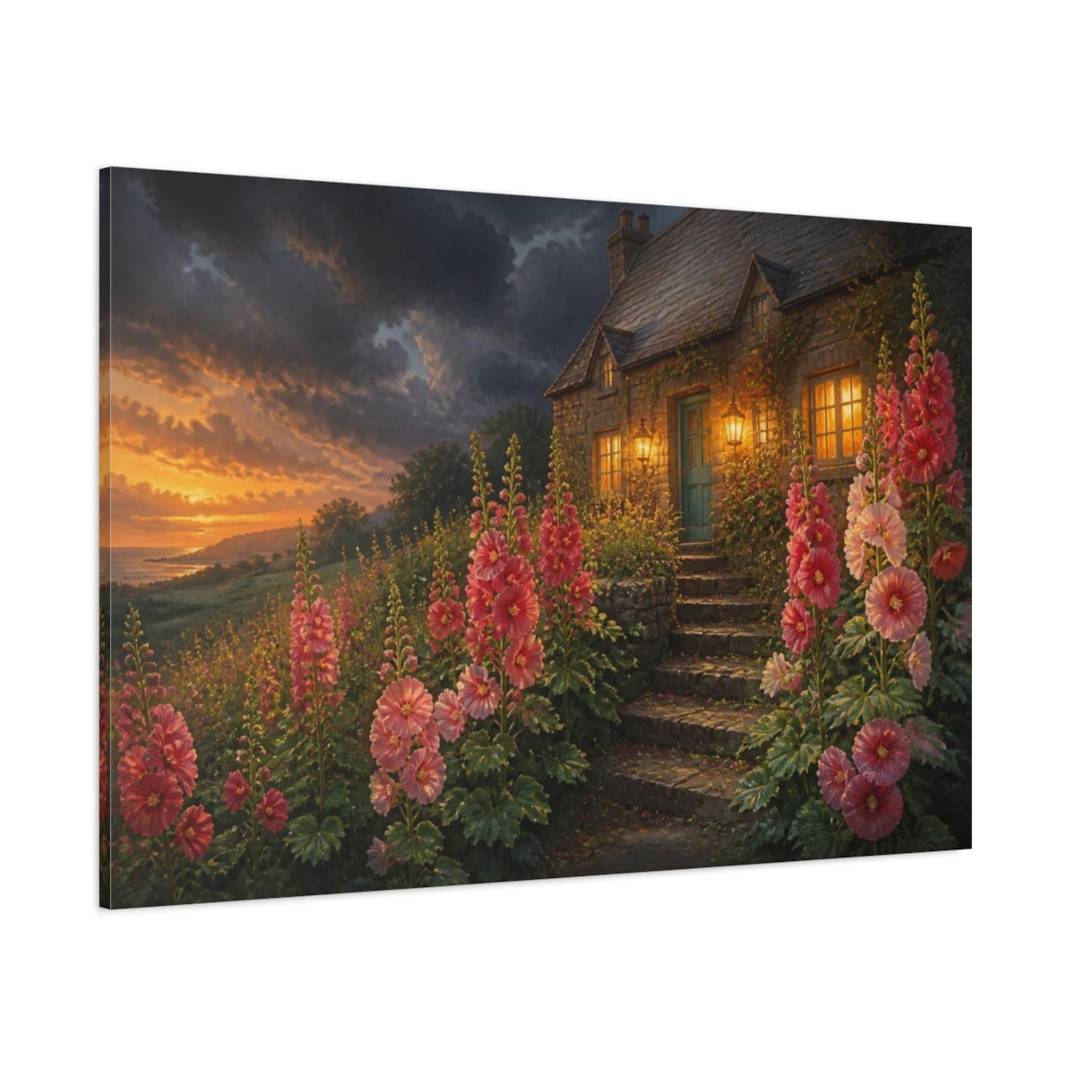 Side Mockup 1. Hollyhocks By Cottage Steps shown as canvas print