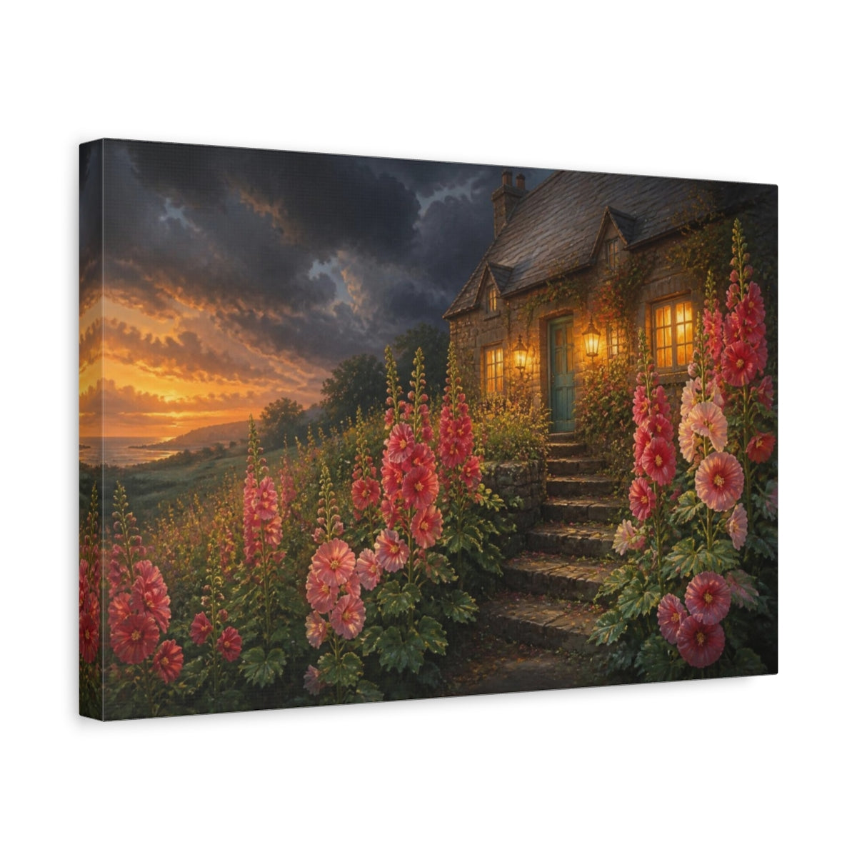 Side Mockup 4. Hollyhocks By Cottage Steps shown as canvas print