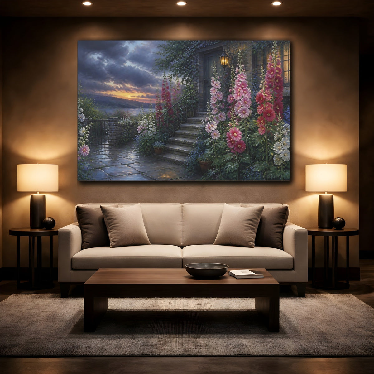 Mockup 2. Hollyhocks By Cottage Steps shown as canvas print