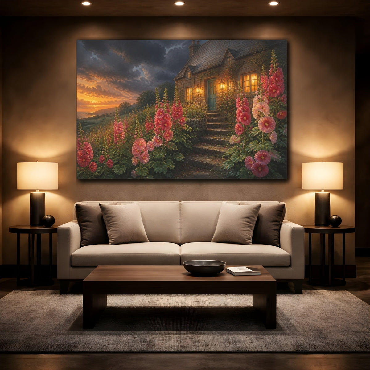 Mockup 2. Hollyhocks By Cottage Steps shown as canvas print