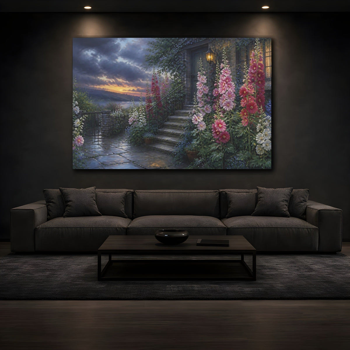 Mockup 3. Hollyhocks By Cottage Steps shown as canvas print