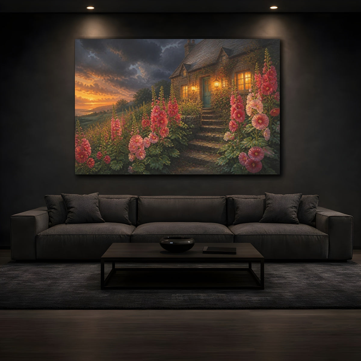 Mockup 3. Hollyhocks By Cottage Steps shown as canvas print