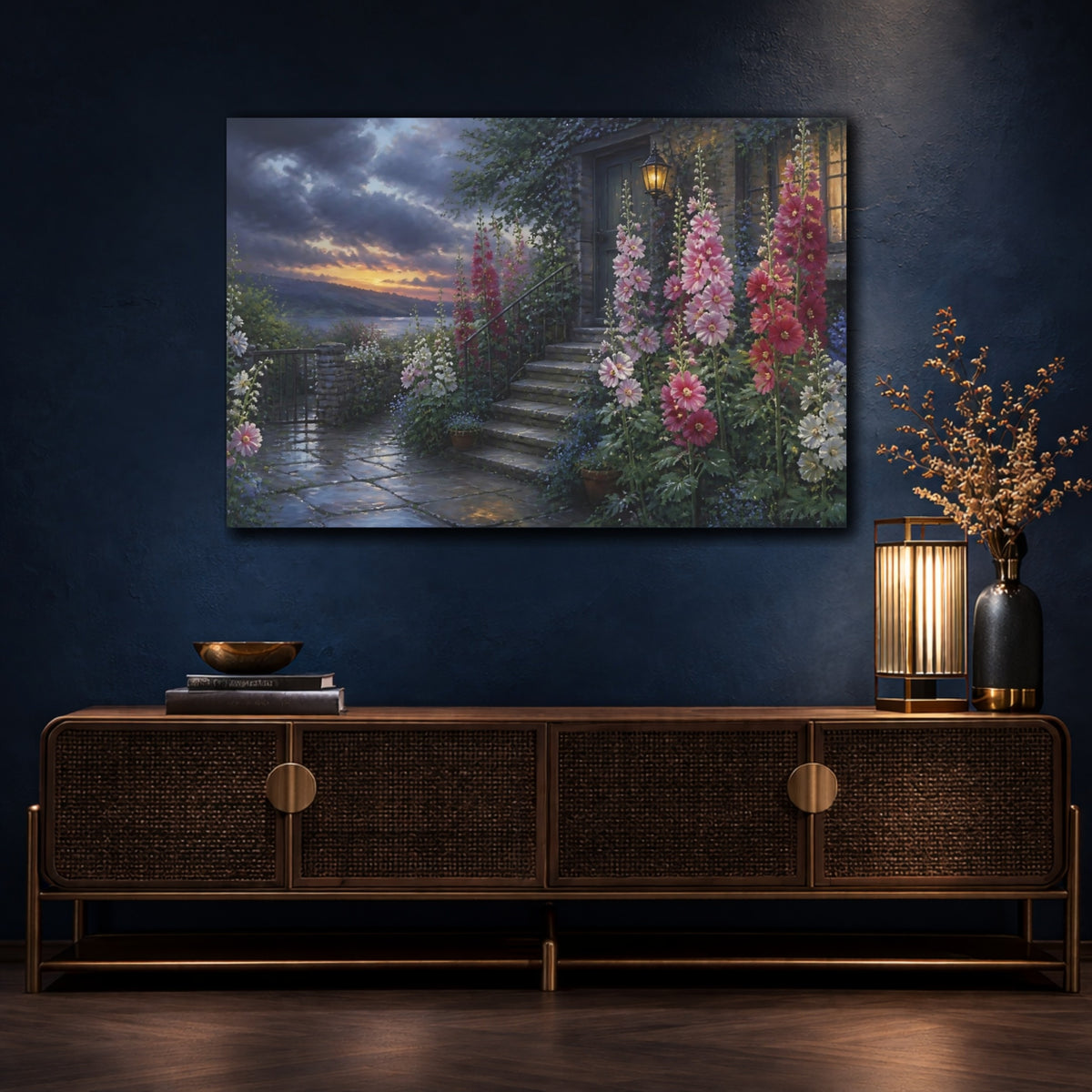 Mockup 4. Hollyhocks By Cottage Steps shown as canvas print