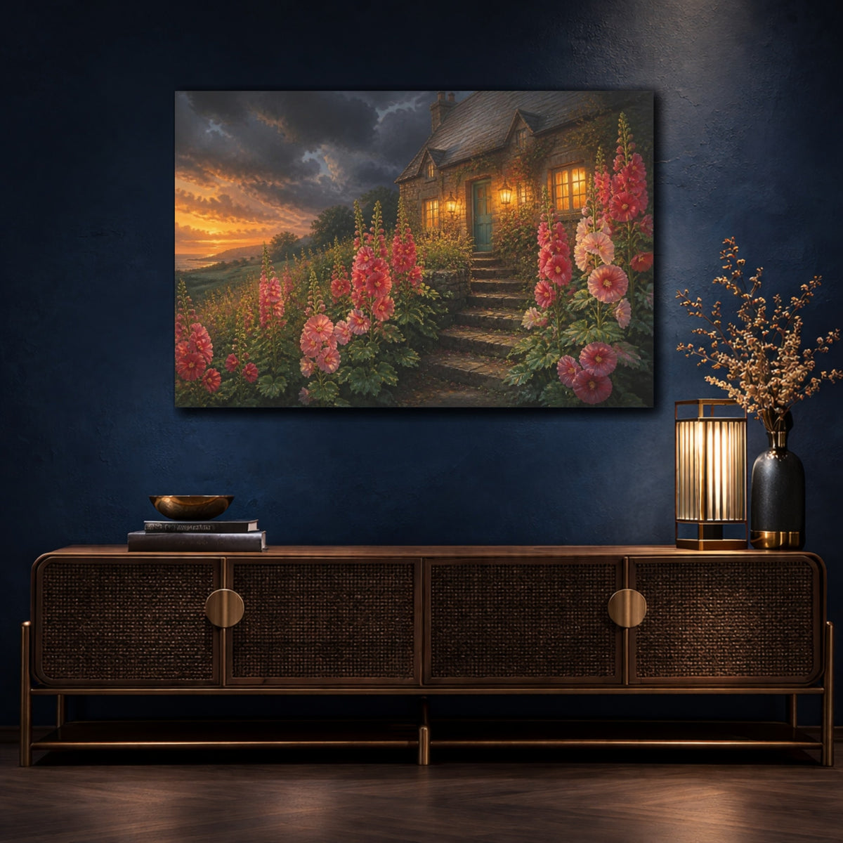 Mockup 4. Hollyhocks By Cottage Steps shown as canvas print