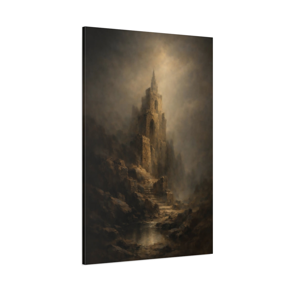 Main Mockup. Horror Ancient Tower Brown And Gray Landscape shown as stretched canvas wall art