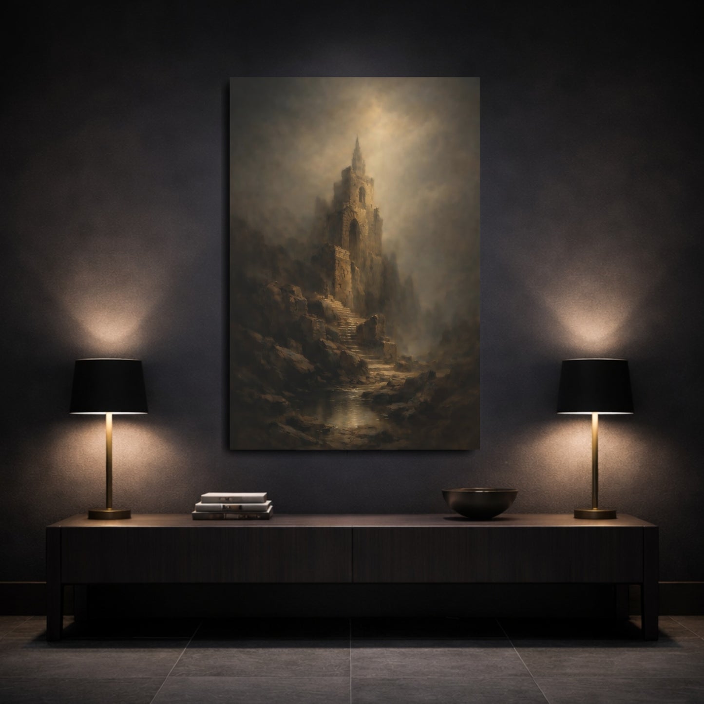 Mockup 2. Horror Ancient Tower Brown And Gray Landscape shown as stretched canvas wall art