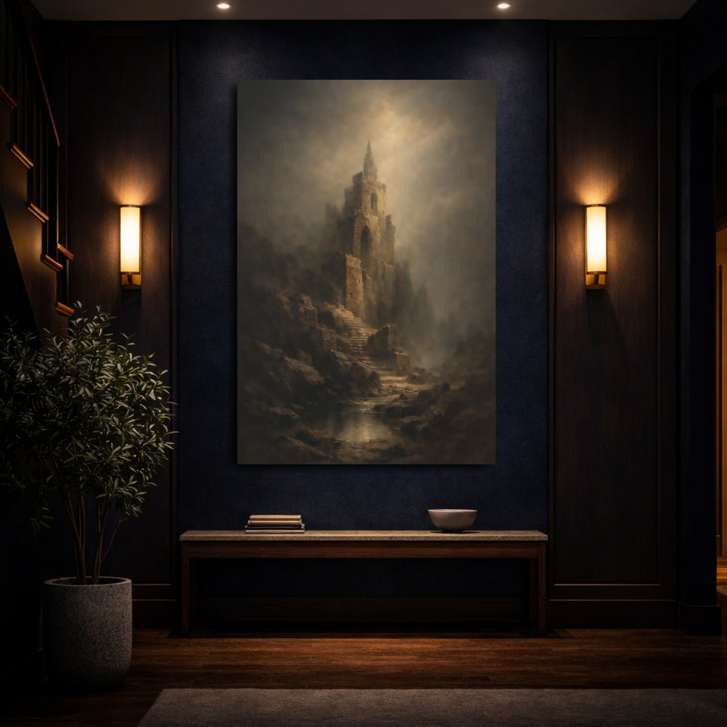 Mockup 3. Horror Ancient Tower Brown And Gray Landscape shown as stretched canvas wall art