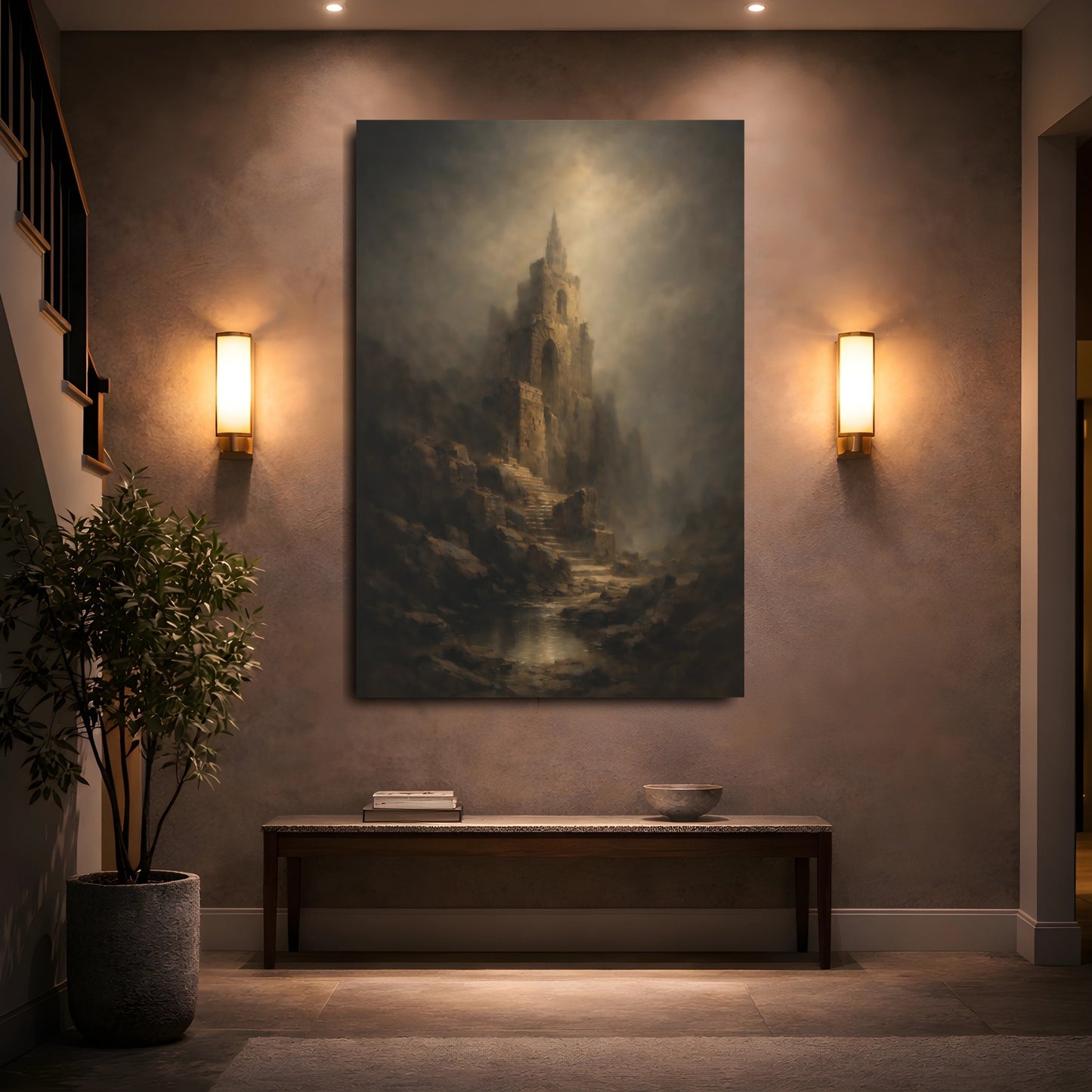 Mockup 4. Horror Ancient Tower Brown And Gray Landscape shown as stretched canvas wall art