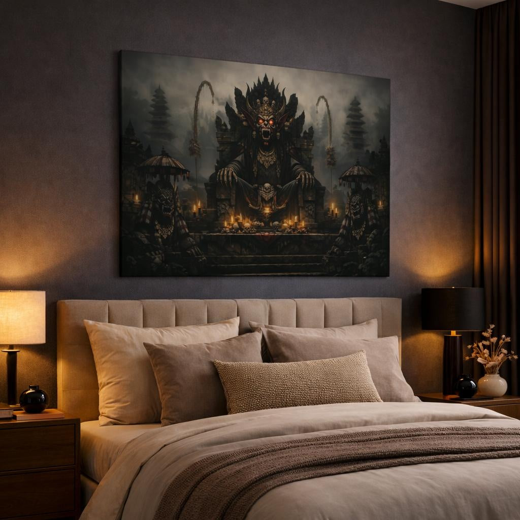 Horror Bali Temple shown as canvas wall art in a luxury bedroom