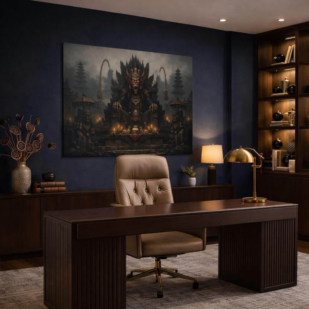 Horror Bali Temple shown as canvas wall art in a refined dining room