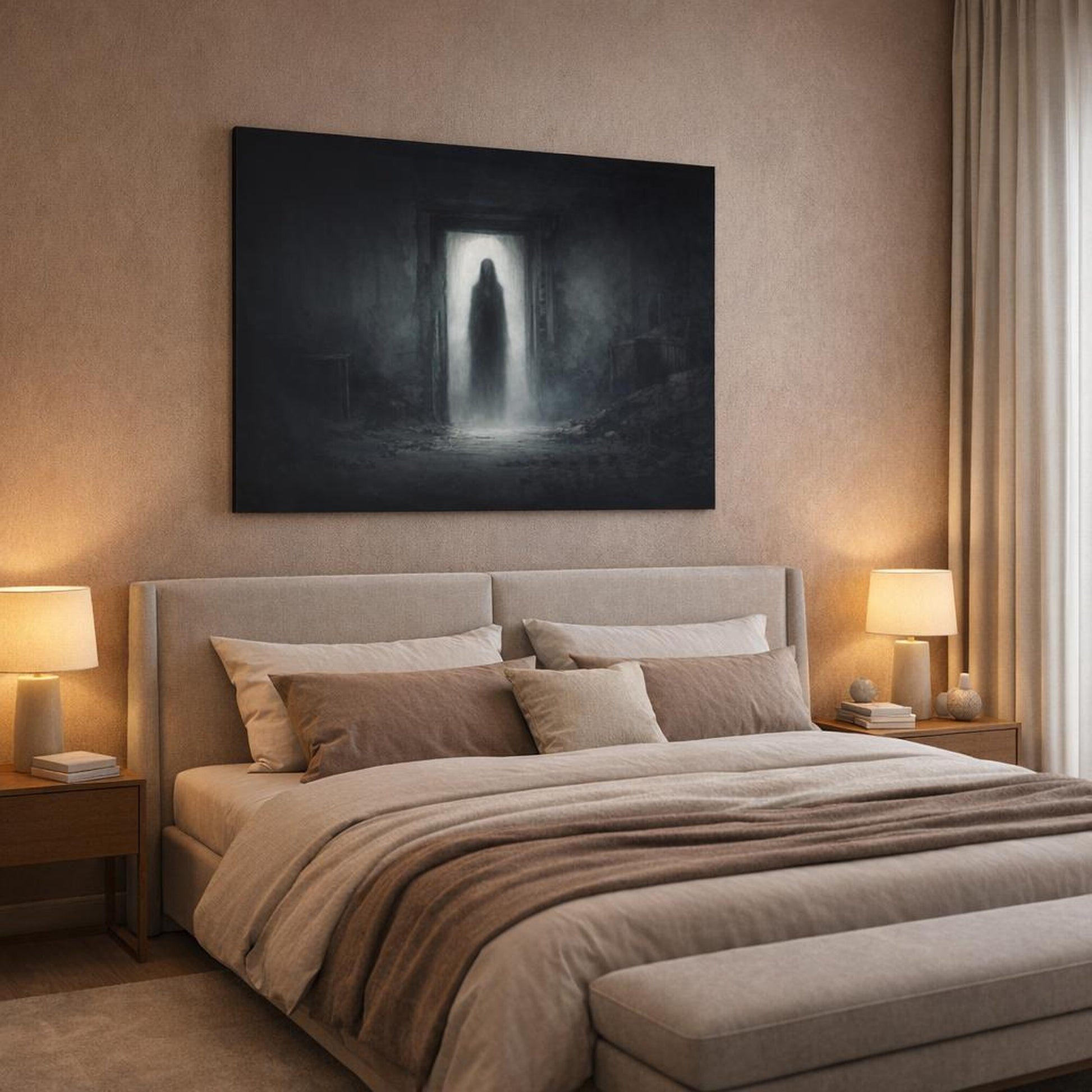 Horror Black Contrast shown as canvas wall art in a luxury bedroom