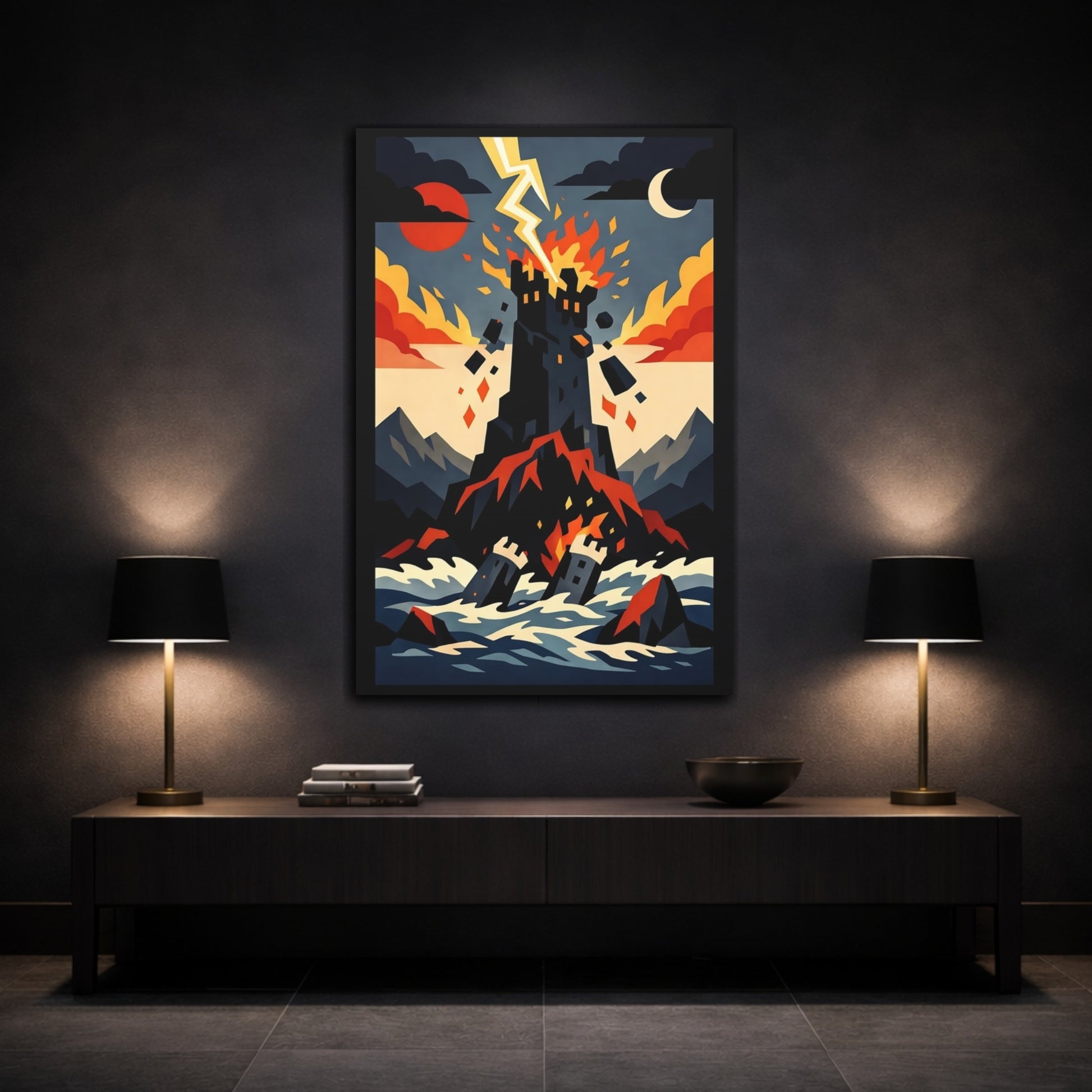 Mockup 2. Horror Burning Castle Castle Storm Red shown as stretched canvas wall art