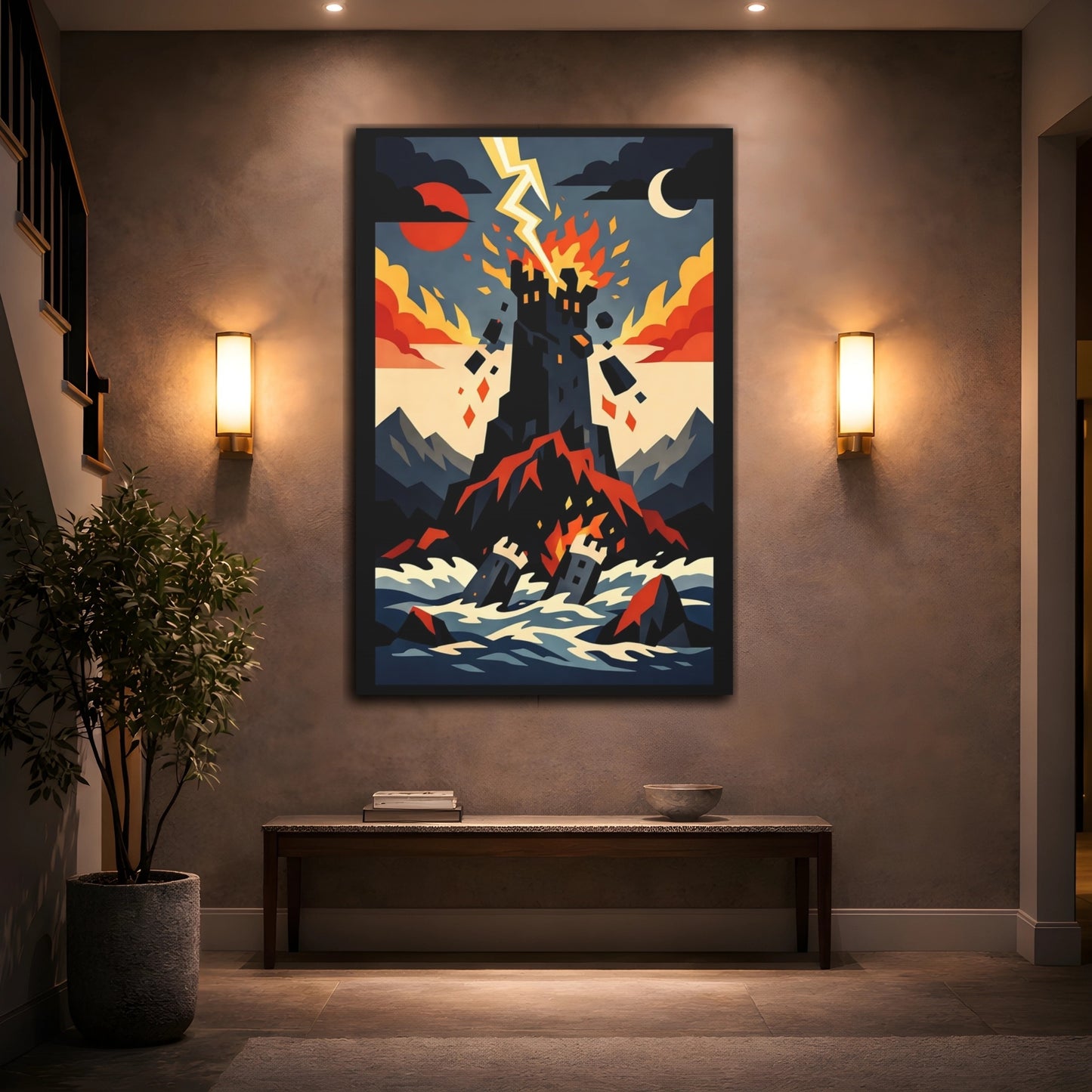 Mockup 3. Horror Burning Castle Castle Storm Red shown as stretched canvas wall art